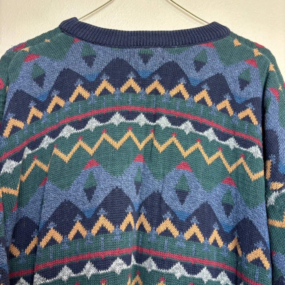 Vintage Mens Large L Cotton Geometric Knit Sweater USA Grandpa Eclectic‎ Blue